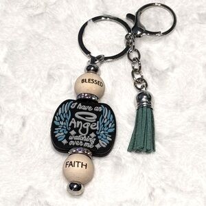 Aqua teal Blue & black Inspirational beaded keychain or bag charm, with tassel